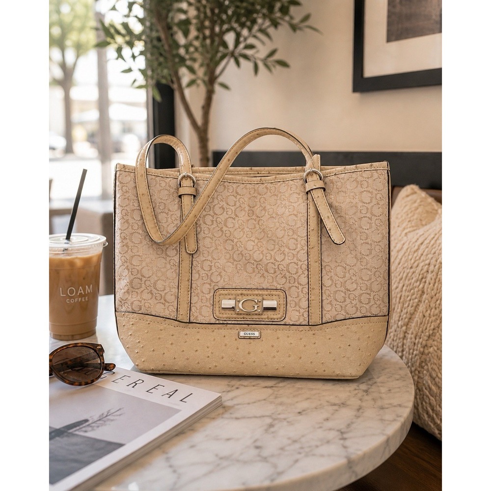 Guess Y2K Monogram Tote Bag Cream Faux Ostrich Large‎ Shoulder Purse